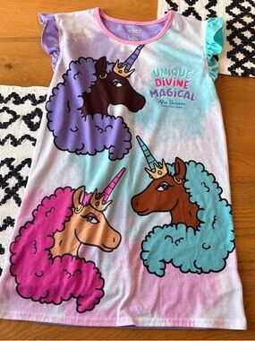 Afro Unicorn Pajamas Nightgown Pink, Purple Teal Unique Divine Magical kids M